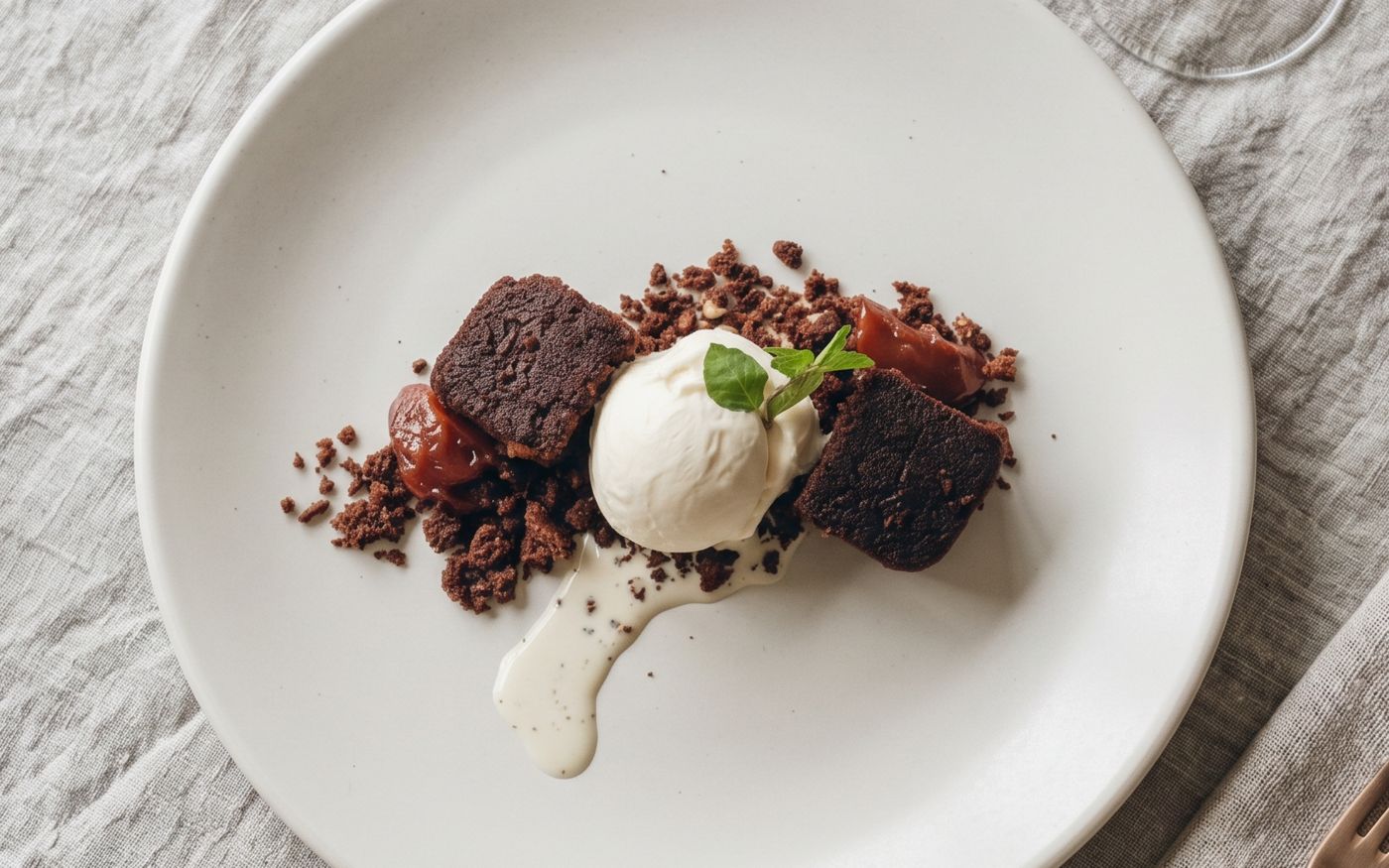 Brownie con helado, tierra de chocolate y salsa de vainilla