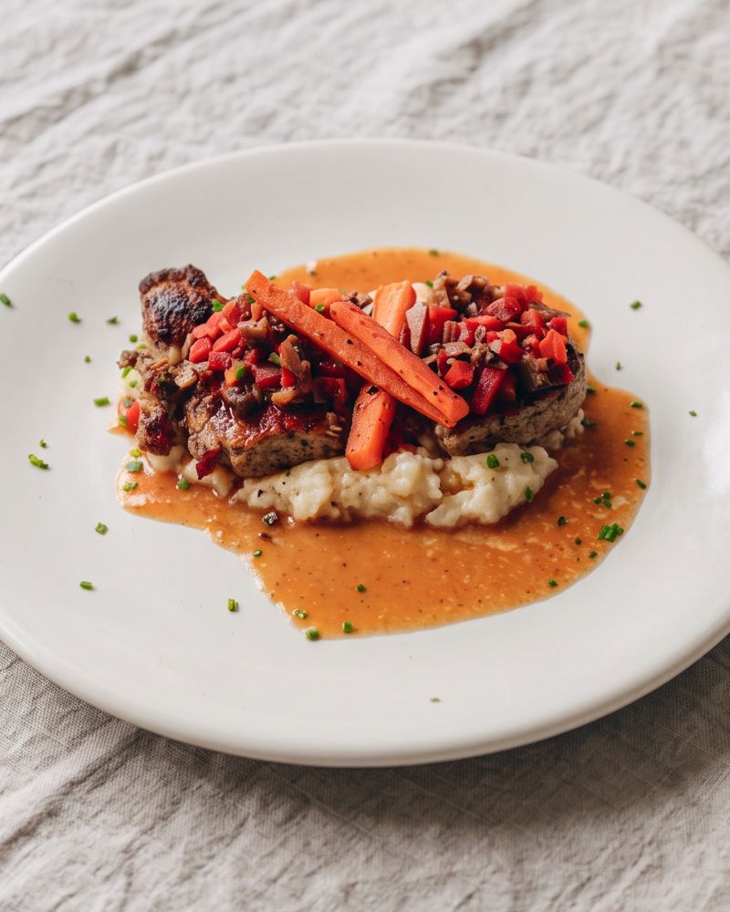 Filete con vegetales, zanahoria y puré