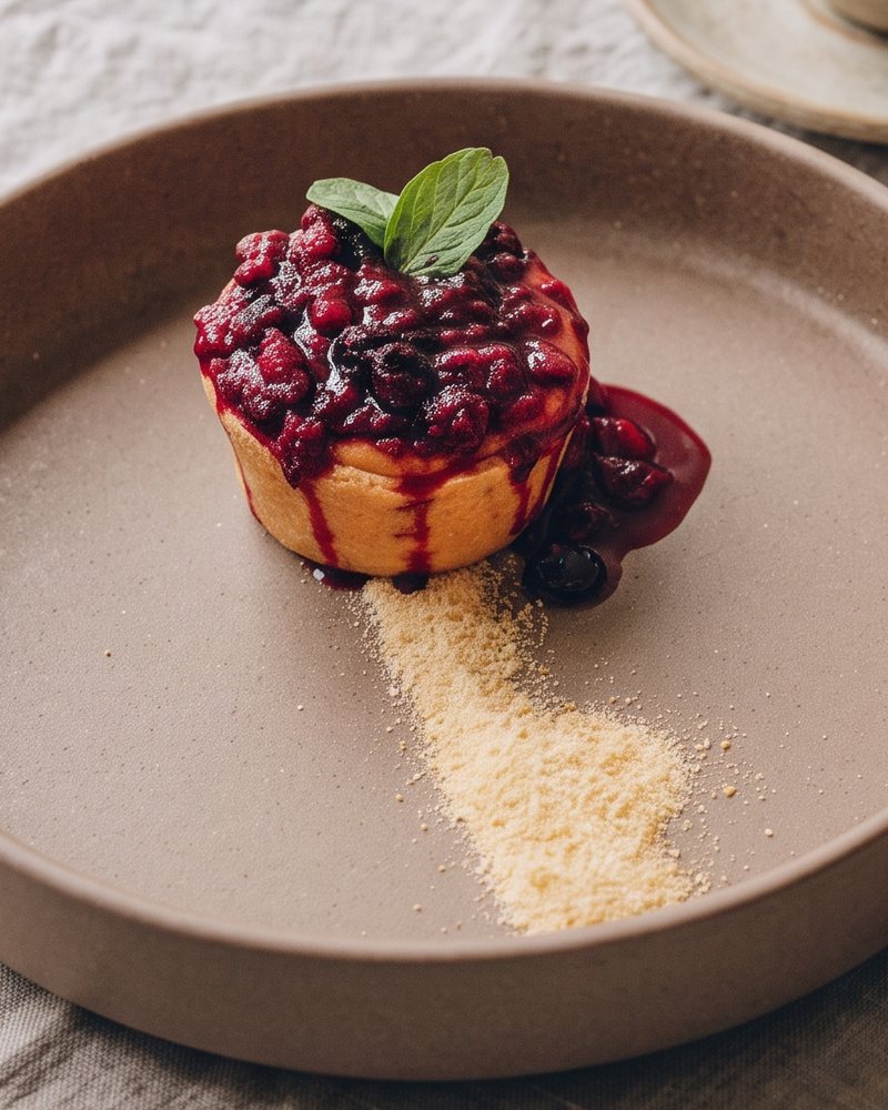 Postre con compota de frutos rojos y menta